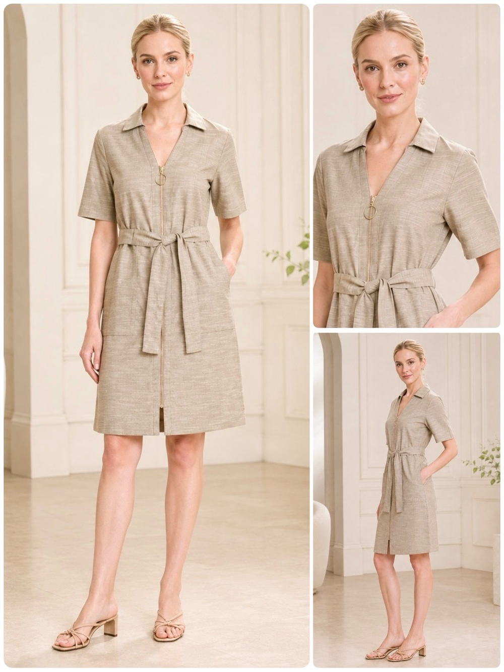 Sharagano Shirtdress Front Zip Waist Tie Side Pockets Short Sleeve knee Length